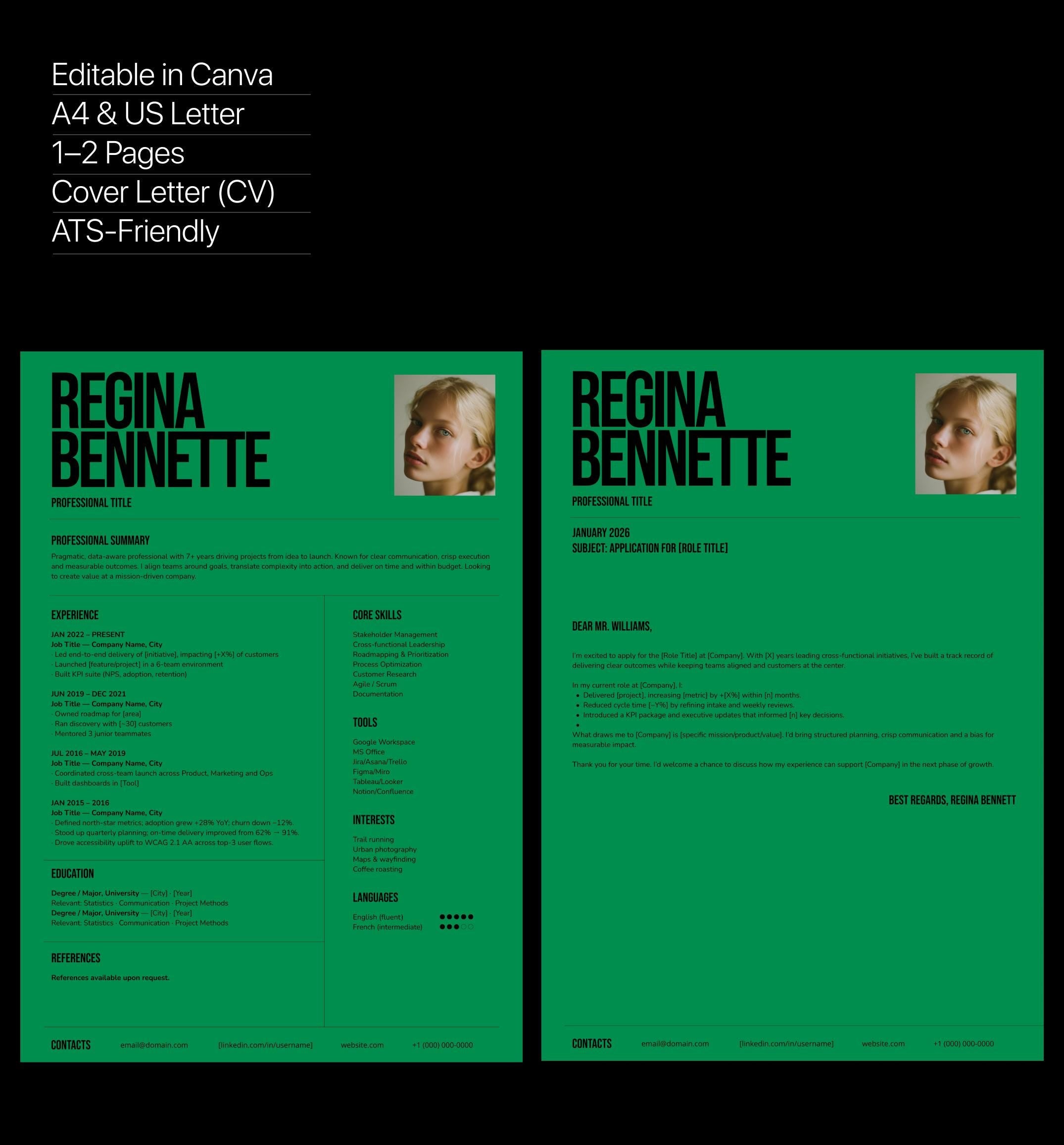 Modern Canva Resume Template | ATS-Friendly CV + Cover Letter (Instant Download)