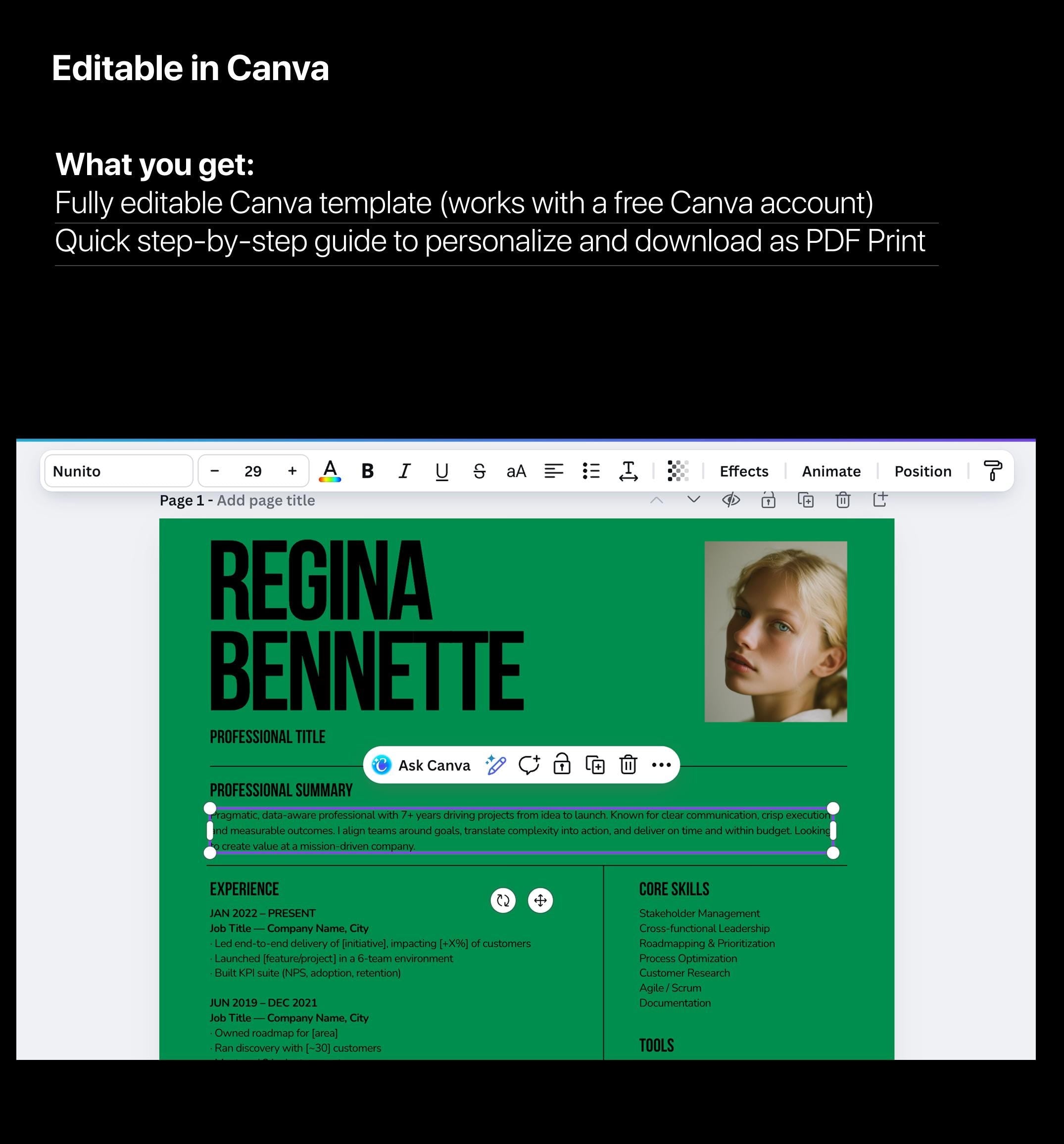 Modern Canva Resume Template | ATS-Friendly CV + Cover Letter (Instant Download)
