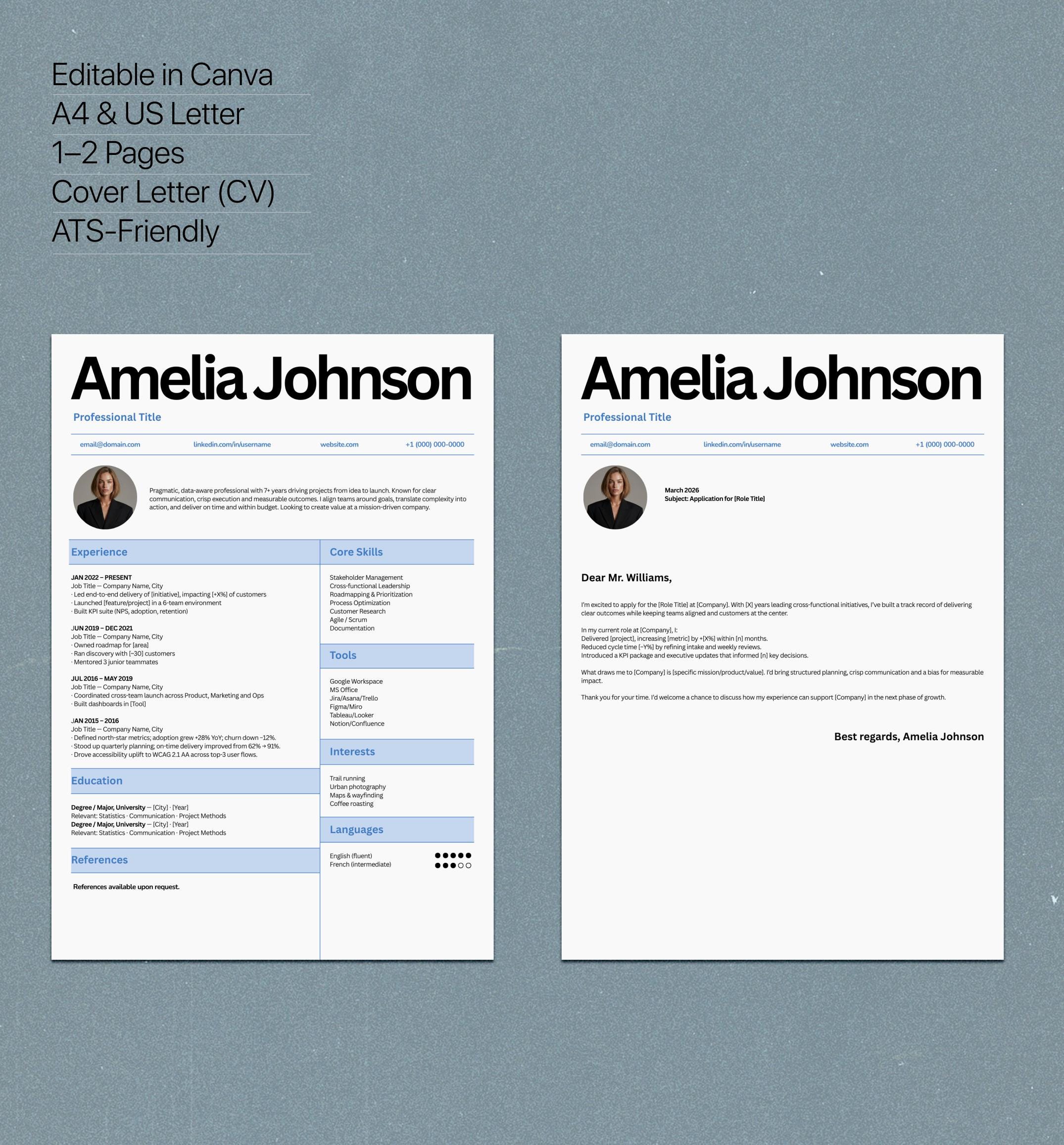Canva Resume Template | ATS Friendly CV + Cover Letter | For Business and Professionals