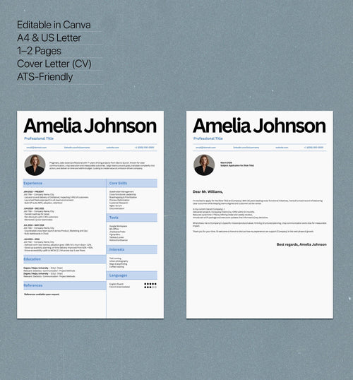 Canva Resume Template | ATS Friendly CV + Cover Letter | For Business and Professionals