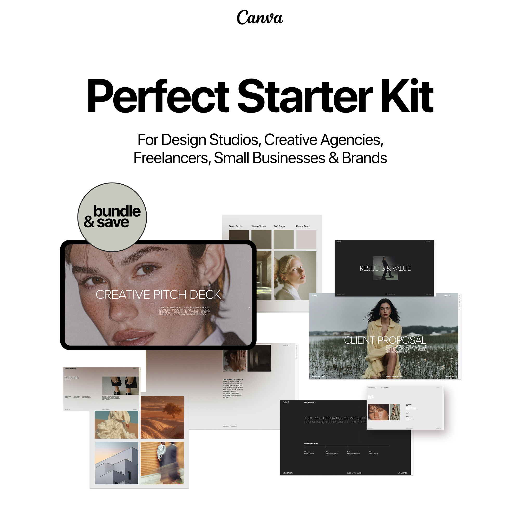 Pitch Deck + Client Proposal Bundle | Minimal Business Canva Templates for Creative Studios, Brands & Startups